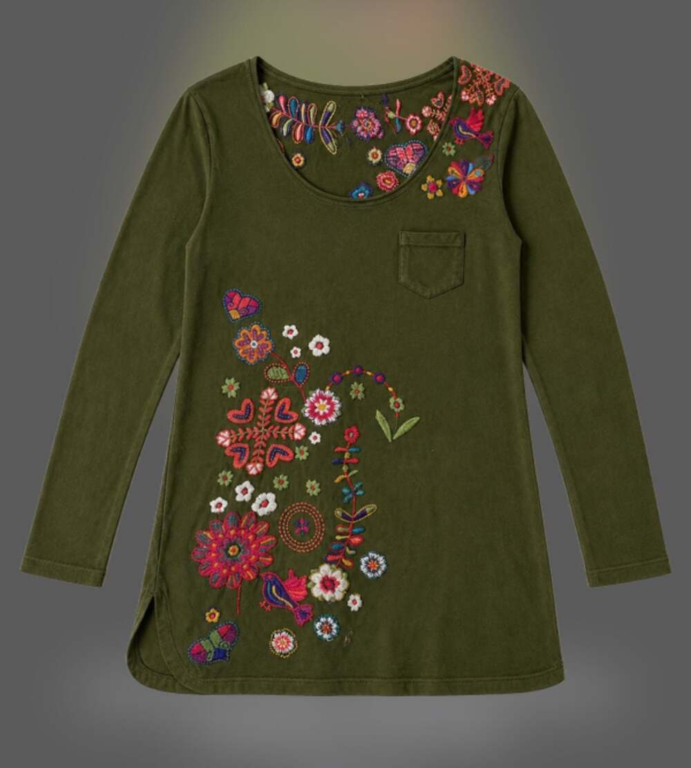Johnny Was JWLA Embroidered Floral Long Sleeve Tunic Top